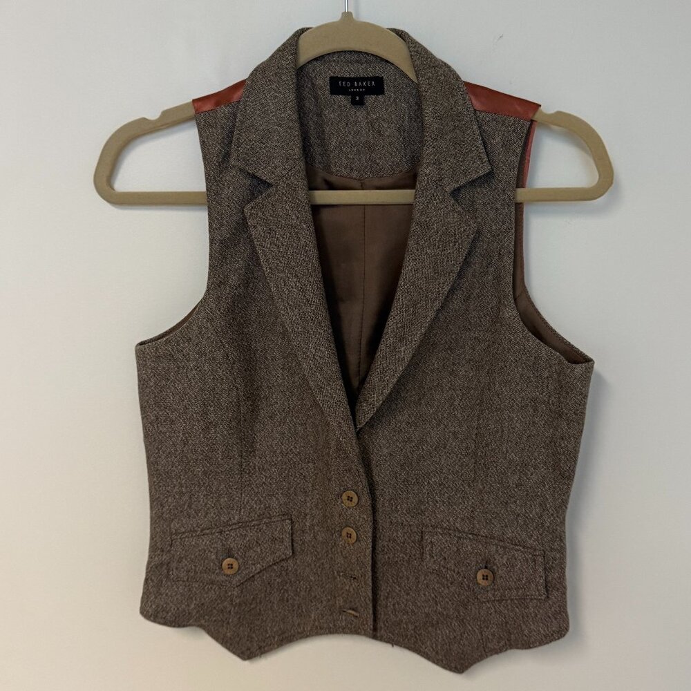 Ted Baker London Brown Tweed Vest with Leather Trim